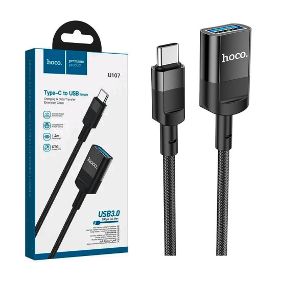 Cabo de Extensão de Carregamento Hoco U107 Tipo C Macho para USB3.0 Fêmea 3A 1,2m Preto